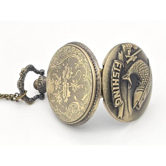 Fishing Pocket Watch – Vintage Look Perfect Angler's Gift, Bronze Detailing - Picture 6 of 10